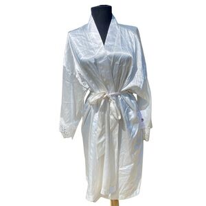 Madeleine Fig White Silk Satin Lingerie Nightgown Robe With Sash L/X-L